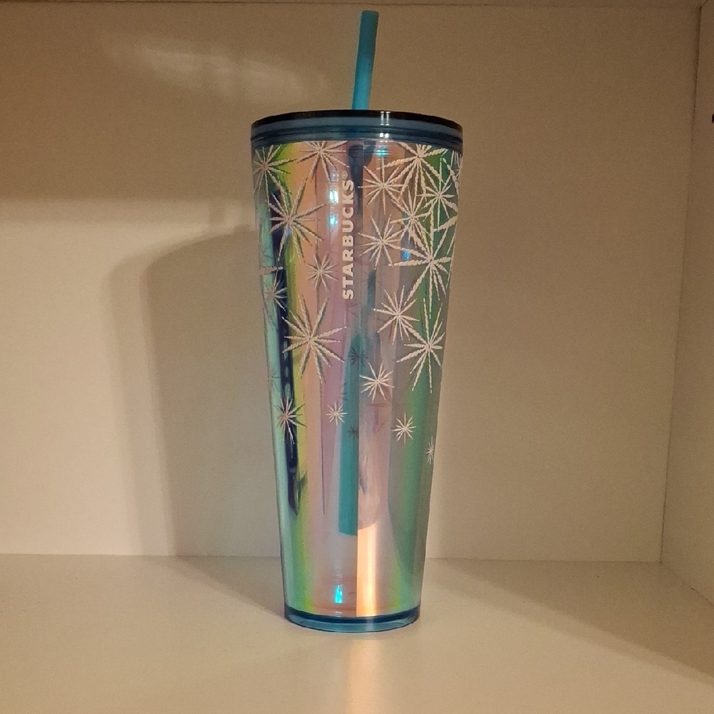 Starbucks Iridescent Blue Tumbler with Straw Holiday Snowflake Christmas 2024